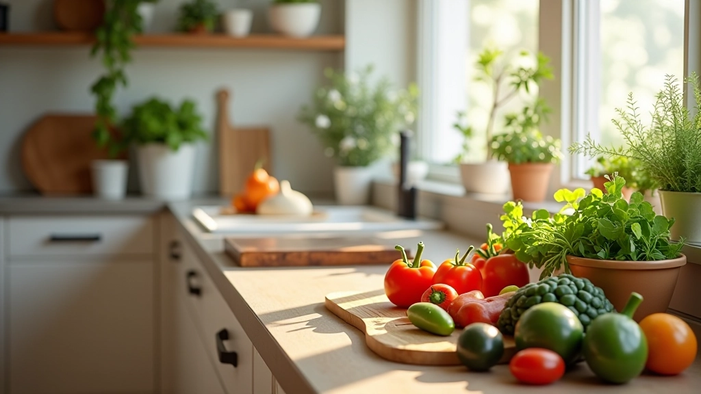 Cozinha portuguesa moderna com ingredientes frescos, bancada com legumes e ervas, luz natural da janela