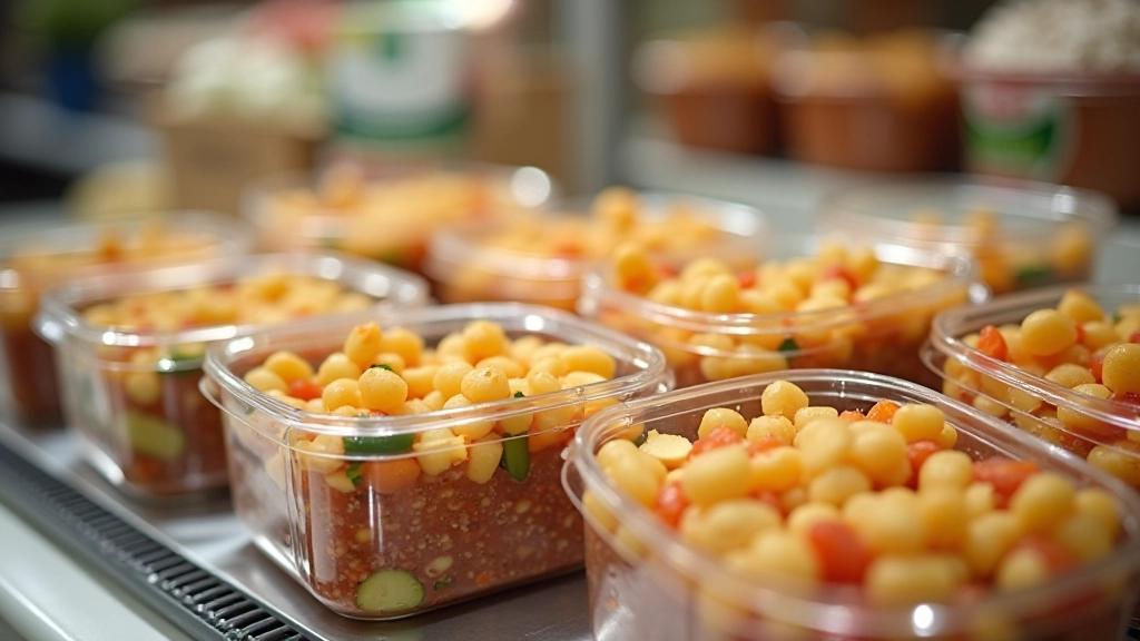 Porções individuais de comida congelada em bandejas transparentes, bem etiquetadas e organizadas