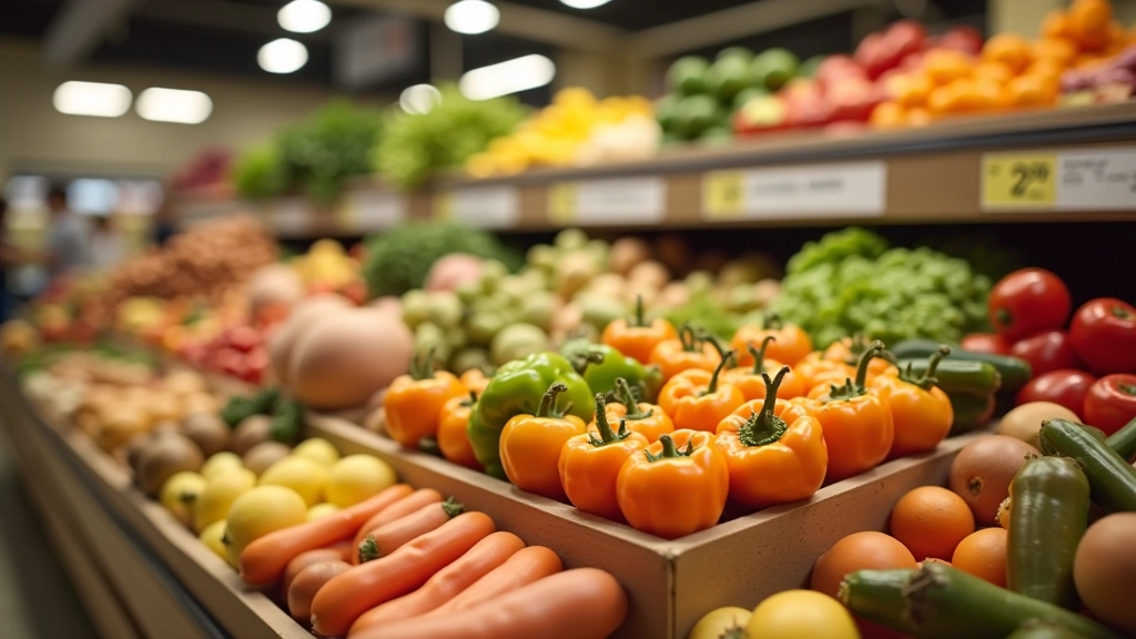 Sacolas de compras com produtos frescos, legumes e alimentos, cena de supermercado português