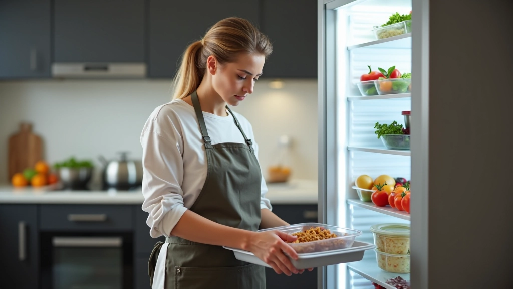 Refeições congeladas em porções individuais, bandejas bem organizadas, cozinha moderna com congelador aberto